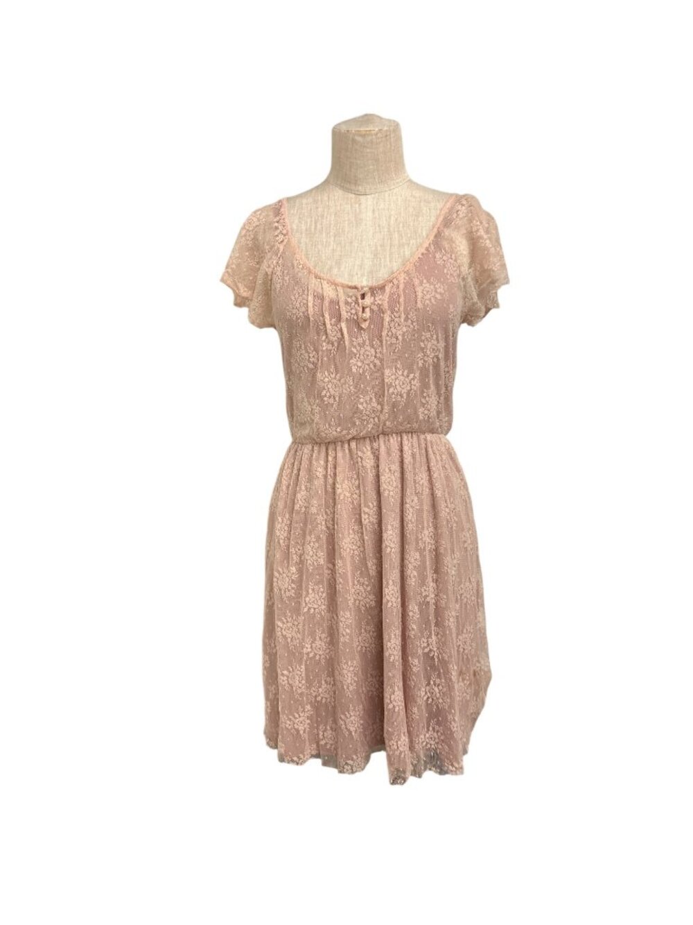 Costura Fina Lace Pink Floral Short-Sleeve Dress With Scoop Neck Elastic Waist B